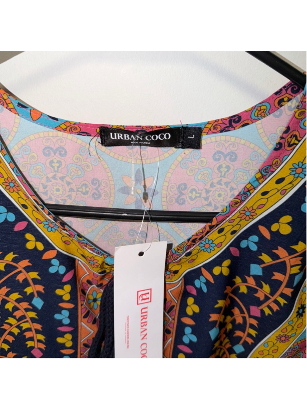 Women's Bohemian Neck Tie Urban Coco Mini Dress L Blue Pink Boho Print New NWT - Picture 9 of 14